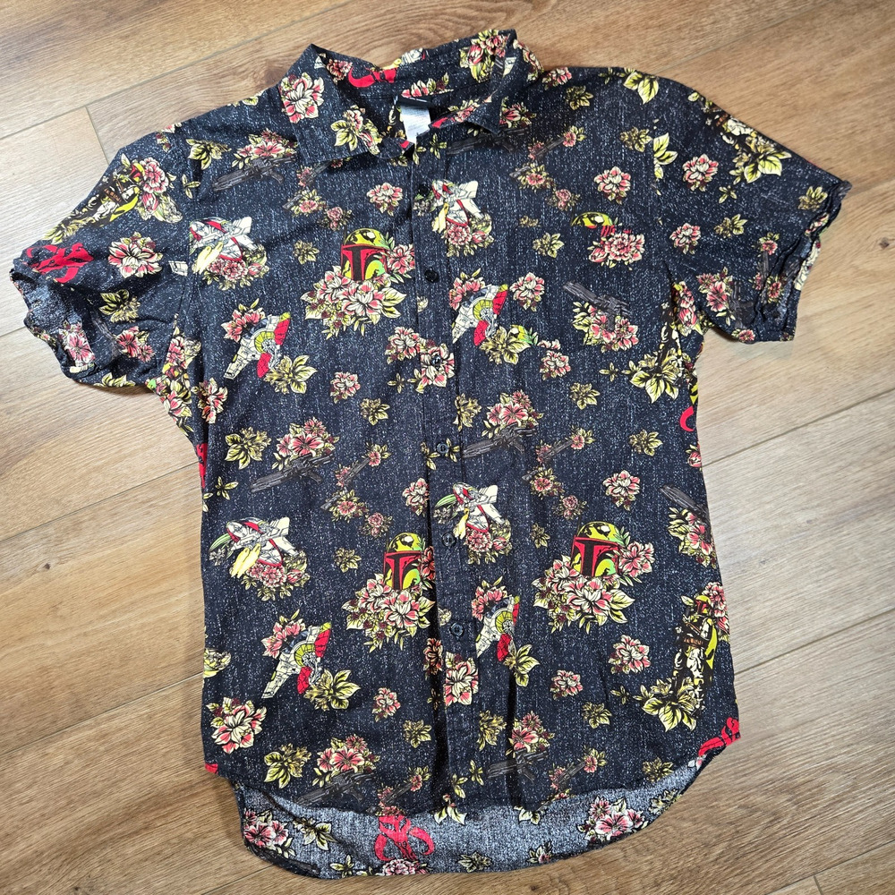 Disney Star Wars Boba Fett Hawaiian Shirt Mens L Tropical Button Up Aloha
